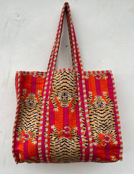 Market Bag Women Shopping Bag Tiger Print Cotton Quilted Bag