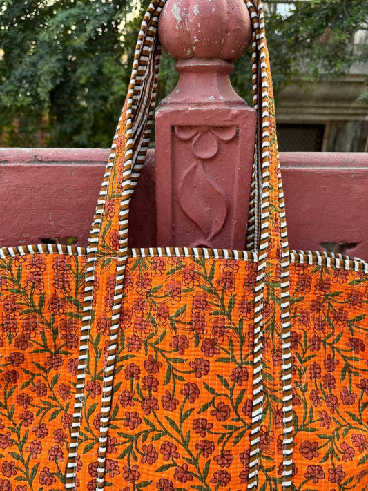 Orange Cotton Quilted Bag Small Floral Printed Shoulder Bags