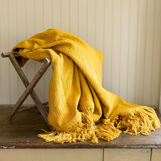 Foreside Home & Garden - Mattie Hand Woven Fringed Throw Blanket Mustard Cotton