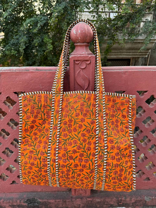 Orange Cotton Quilted Bag Small Floral Printed Shoulder Bags