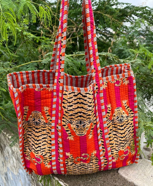 Market Bag Women Shopping Bag Tiger Print Cotton Quilted Bag